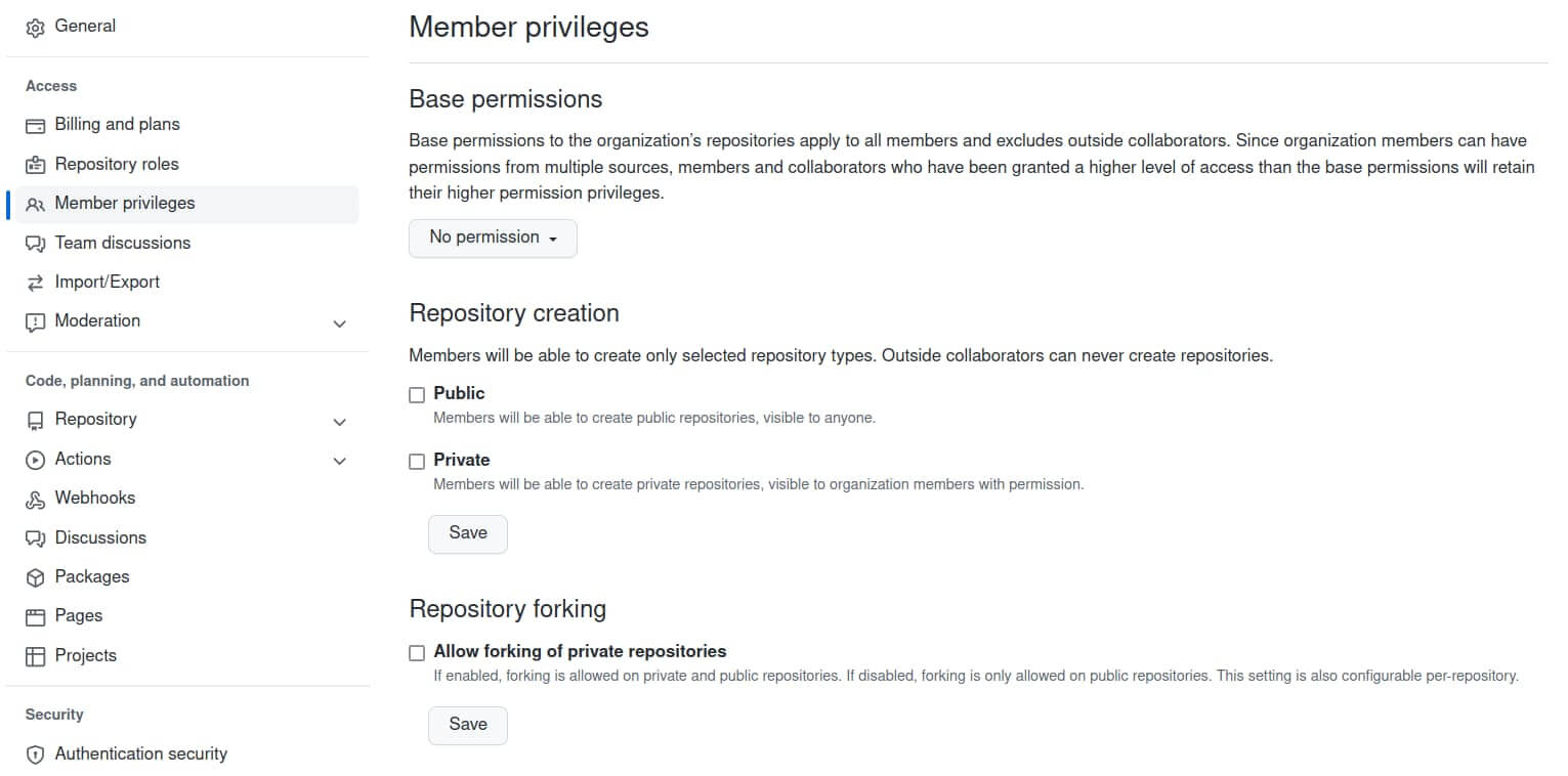 Recommended GitHub Organization Member Privileges Settings